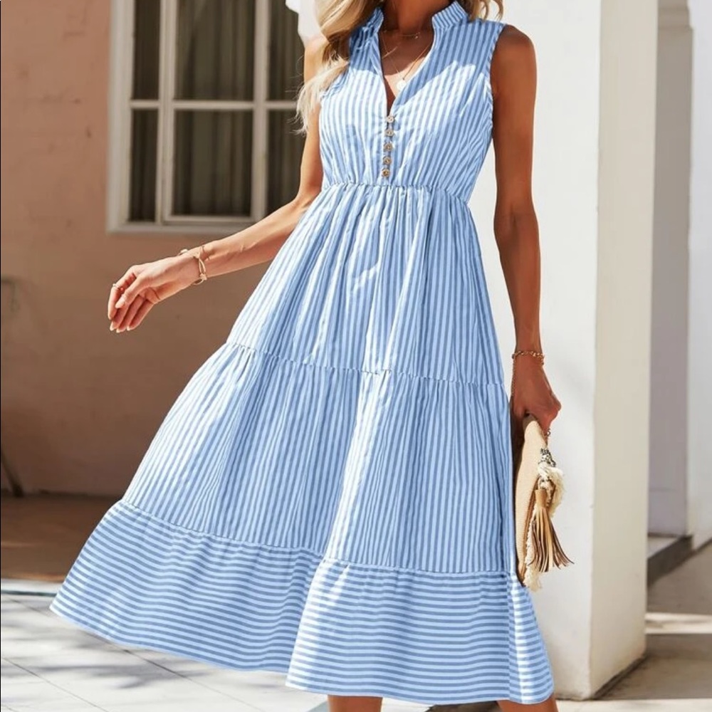 Boho striped notched neck button detail dress - Picture 4 of 16